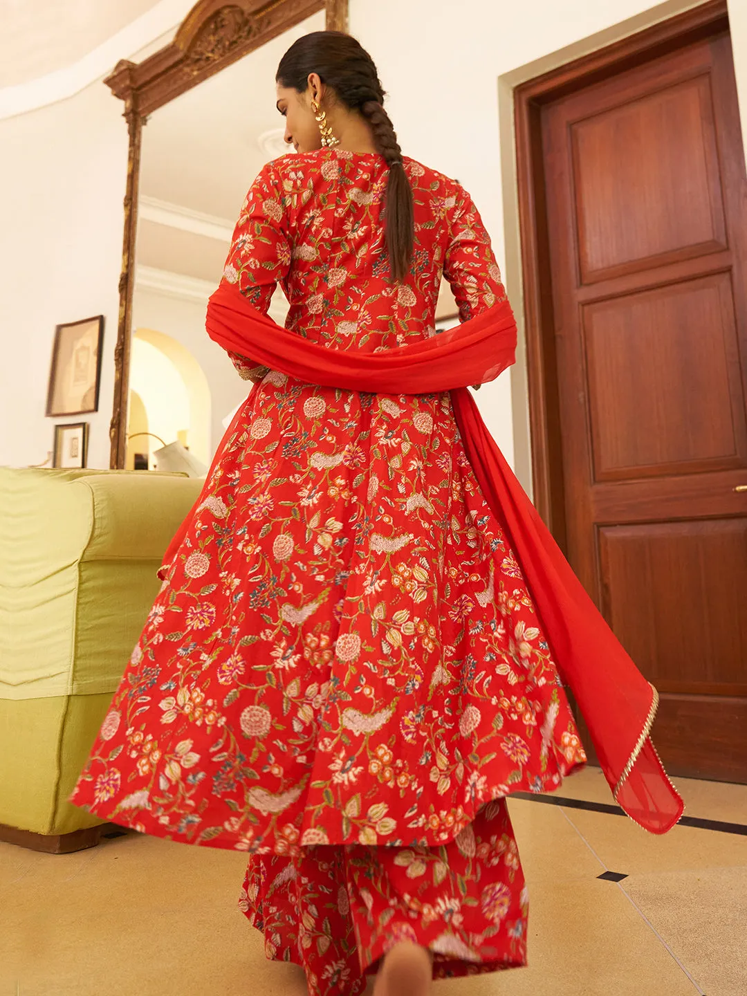 Red Cotton Floral Printed Kurta with Palazzo and Dupatta