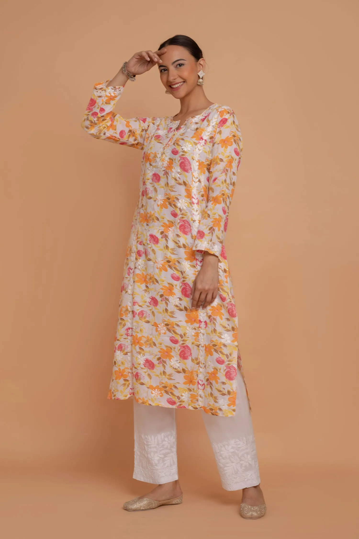 Saba Chikankari Kurta in Mul cotton in Yellow Floral