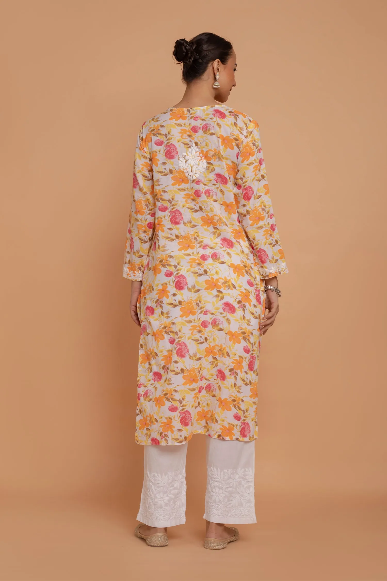 Saba Chikankari Kurta in Mul cotton in Yellow Floral