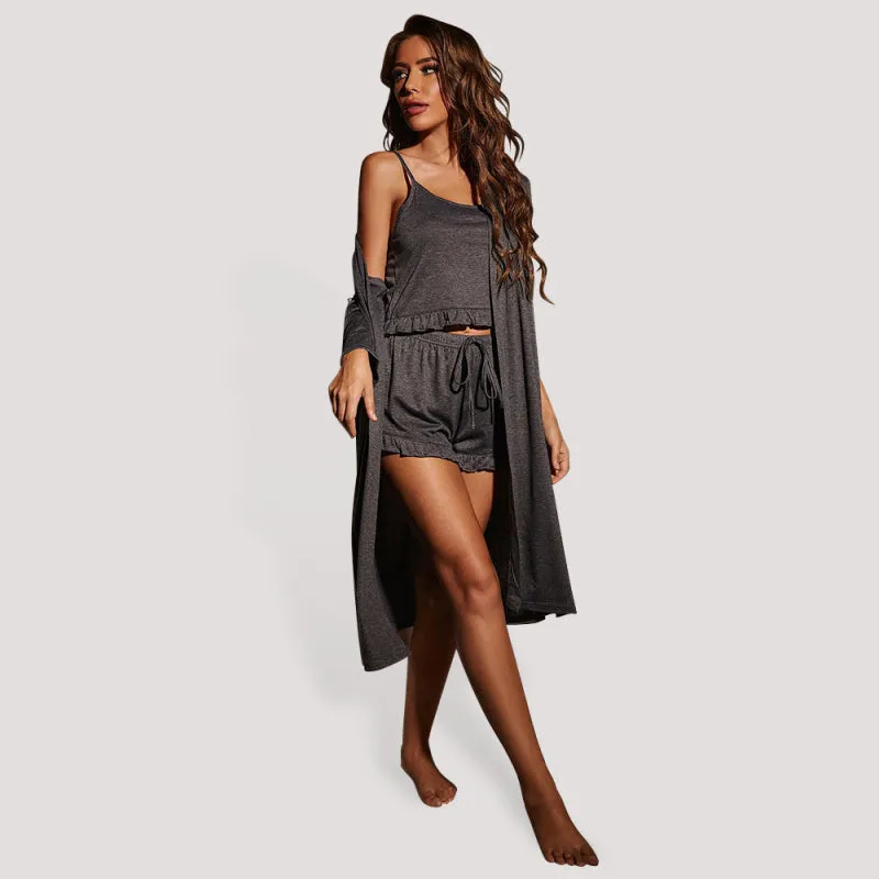 Women's Frill Detail Camisole and Shorts Loungewear Set Including Mid Length Cardigan